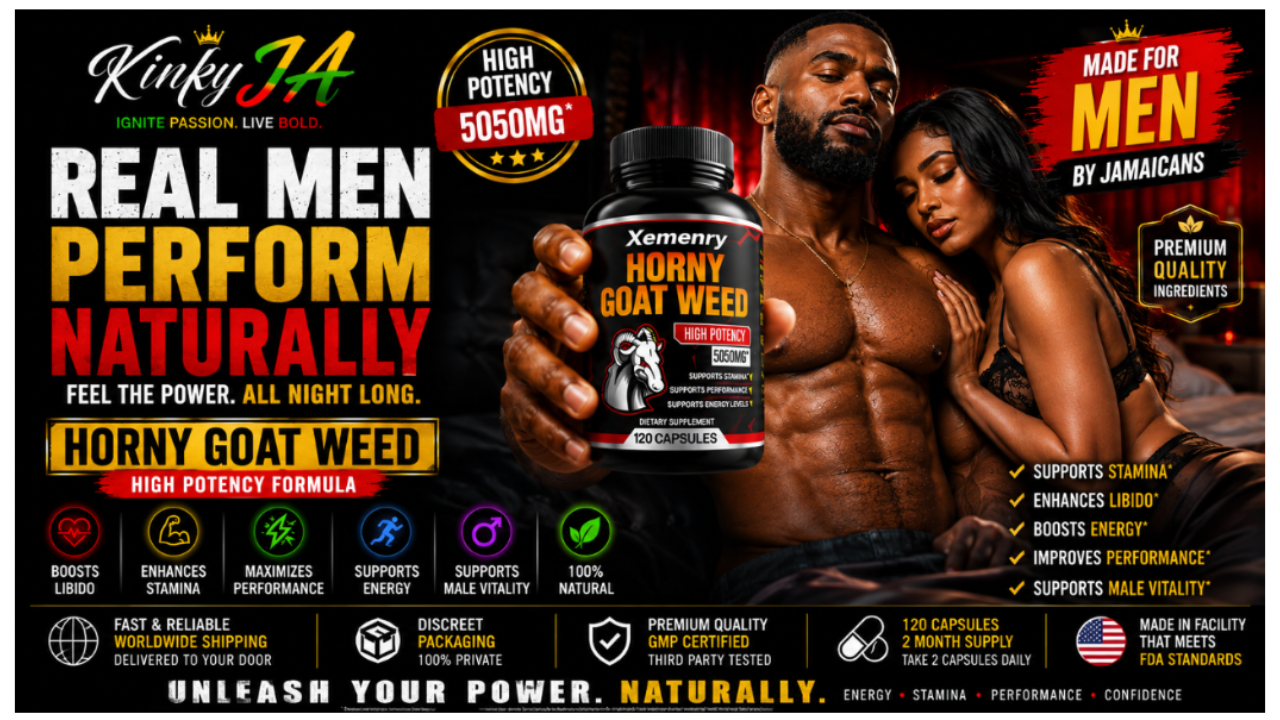 Advertisement for Horny goat weed supplement with a man and woman, and product packaging.